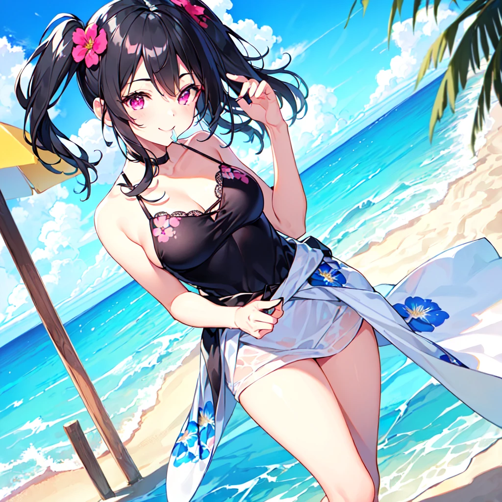 masterpiece, best quality, high quality, extremely detailed, very delicate and beautiful, (1 female 18 years old solo:1.5), (long black hair up to waist with two-side up:1.5), bangs to eyebrows, eyes Eyebrows are glossy, (eye color: magenta:1.3), 6.5 head height, (summer flower print dress: 1.3), knee socks, lace, frills, (smiling), (eating with soft ice cream), (standing), (dynamic pose), (background ocean beach: 1.3), ( blue sky:1.3)