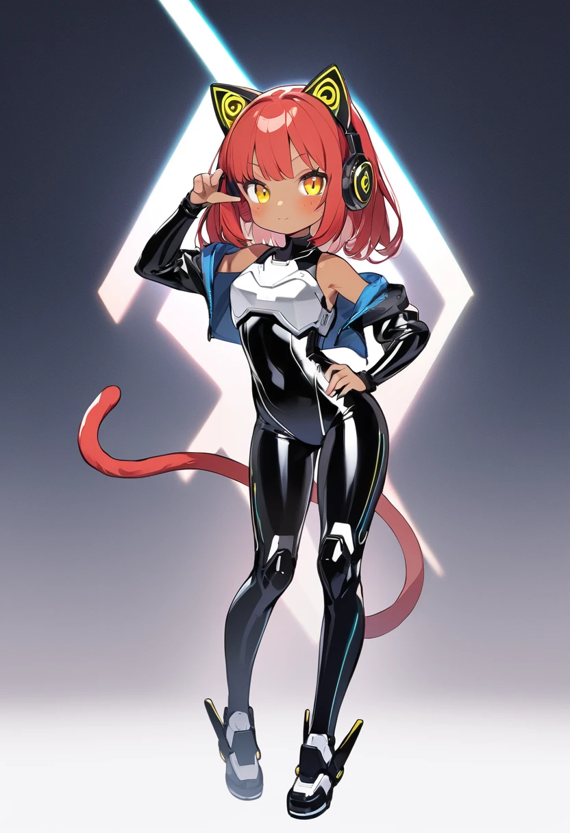 full body,1 girl,(cute:1.3),red Hair, left eye blue, right eye yellow, tan skin, freckles,｛White breastplate, Black futuristic cat ear headphones, Mechanical black glossy metallic Bodysuit, Bare shoulders, oversized jacket, futuristic cat tail, Glossy, shiny material, hand on hip pose
