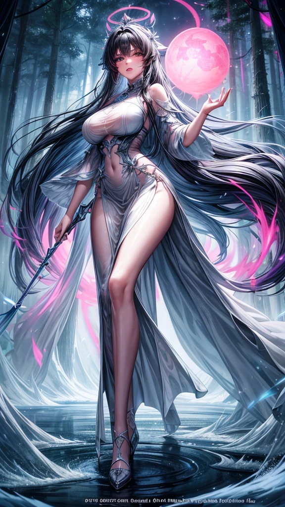 Beautiful semi-three-dimensional style，((Enchanting royal sister))，Oversized upper body，Clothing glows fluorescence，masterpiece，(Best quality)，Warm and cold coordination，，(极其详细的CG统一8kwallpaper)，blue eyes，Delicate eyes）（Messy hair），Colored tip，Black inner hair，Intricate filigree，Volumetric Lighting，jungle，Tyndall Effect，A sense of colorful atmosphere，Halo，Best quality，（masterpiece：1.35），wallpaper，（illustration），Original，Delicate accessories，Flowing long hair，Messy hair，Black fog surrounds，Dense forest，Big Red Lantern，A large number of light particles，magic，Flowing ripples，(Best quality)，Fine details，Watercolor effect，Ink splash，Pink floating clouds，lightning，Hydration，Gradient，Extra long hair，Delicate face，((Exquisite facial features)，((Long eyelashes)))，((Enchanting and charming))，Red pupils，Classical temperament，cartoon，Beautiful and exquisite，jungle探险，Temperament confidence，8K，Women's whole body，arrogant，enthusiasm，Beauty，(Full body close-up)，Dreamy and beautiful，Depth of Field，Macro lens，Queen temperament，Sexy long legs，Big boobs。