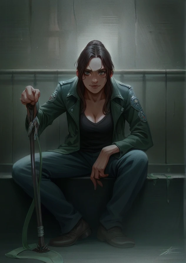 Physically, she is described as a woman of average height, avec une silhouette athlétique et musclée, result of his years of combat training. She has dark brown hair often tied in a ponytail., et des yeux bruns. His overall appearance is that of someone ready for action, avec une attitude déterminée et une posture confiante.