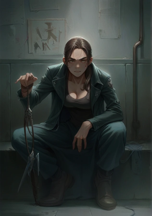 Physically, she is described as a woman of average height, avec une silhouette athlétique et musclée, result of his years of combat training. She has dark brown hair often tied in a ponytail., et des yeux bruns. His overall appearance is that of someone ready for action, avec une attitude déterminée et une posture confiante.