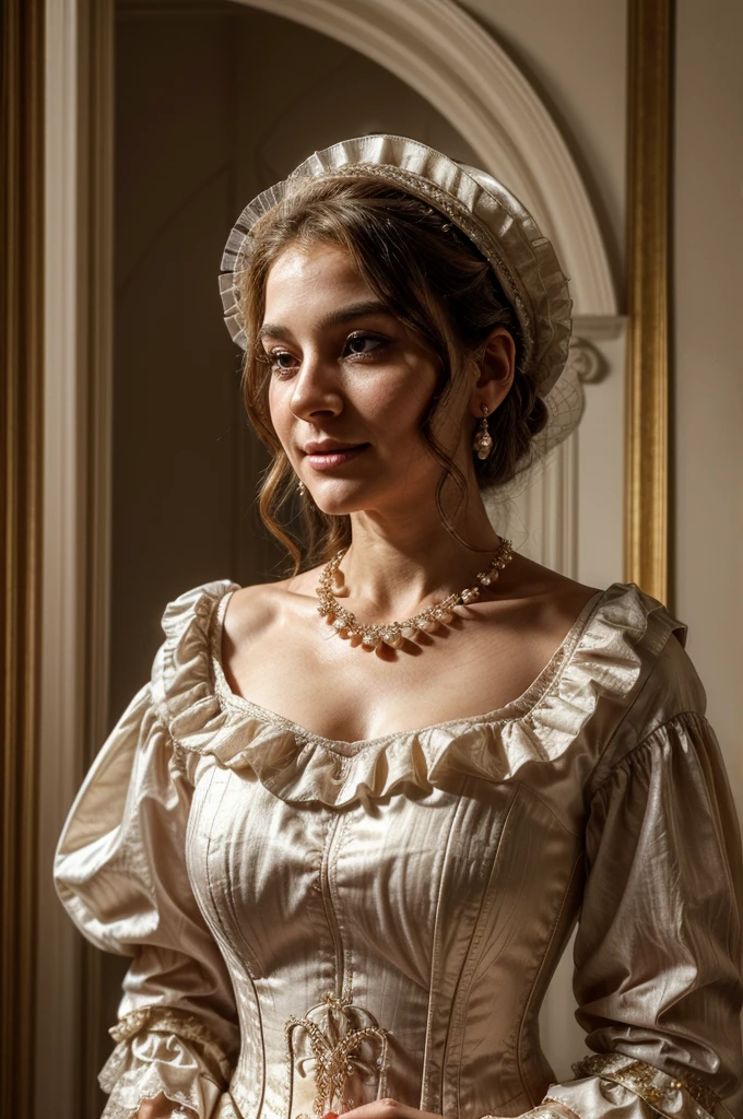 a middle-aged lady with golden hair, dressed in a traditional late 18th-century pink corset dress with full sleeves:
Appearance: The lady, of mid-old age, has soft golden hair styled elegantly in waves that cascade over her shoulders. Her fair complexion is complemented by a gentle blush on her cheeks. Her eyes, a striking hazel, convey wisdom and grace, framed by delicate eyebrows that arch elegantly.
Attire: She wears a luxurious corset dress in a delicate shade of pink, crafted from fine silk or satin. The dress features full sleeves that cascade elegantly to her wrists, adorned with intricate lace or embroidered patterns. The bodice is structured to enhance her figure, with floral motifs or ornate designs embellishing the fabric. A lace collar or ruffled neckline adds a touch of refinement to her ensemble.
Accessories: Her hair is adorned with a sophisticated bonnet or feathered hat, coordinated with the soft hues of her dress and enhancing her refined appearance. She wears pearl earrings and a delicate necklace that catches the light gracefully. In her hand, she holds a fan intricately decorated to complement the colors and motifs of her attire.
Expression: Her face exudes tranquility and confidence, with a serene smile that reflects her inner warmth and poise. Her eyes, sparkling with intelligence, convey a lifetime of experiences and wisdom gained through years in aristocratic circles.
Background: Place her in a setting evocative of late 18th-century European elegance, such as a lavish ballroom adorned with classical architecture or a serene garden blooming with period-appropriate flowers. Soft candlelight or natural sunlight illuminates the richness of her attire and the refined ambiance of her surroundings.