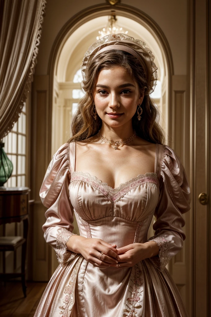 a middle-aged lady with golden hair, dressed in a traditional late 18th-century pink corset dress with full sleeves:
Appearance: The lady, of mid-old age, has soft golden hair styled elegantly in waves that cascade over her shoulders. Her fair complexion is complemented by a gentle blush on her cheeks. Her eyes, a striking hazel, convey wisdom and grace, framed by delicate eyebrows that arch elegantly.
Attire: She wears a luxurious corset dress in a delicate shade of pink, crafted from fine silk or satin. The dress features full sleeves that cascade elegantly to her wrists, adorned with intricate lace or embroidered patterns. The bodice is structured to enhance her figure, with floral motifs or ornate designs embellishing the fabric. A lace collar or ruffled neckline adds a touch of refinement to her ensemble.
Accessories: Her hair is adorned with a sophisticated bonnet or feathered hat, coordinated with the soft hues of her dress and enhancing her refined appearance. She wears pearl earrings and a delicate necklace that catches the light gracefully. In her hand, she holds a fan intricately decorated to complement the colors and motifs of her attire.
Expression: Her face exudes tranquility and confidence, with a serene smile that reflects her inner warmth and poise. Her eyes, sparkling with intelligence, convey a lifetime of experiences and wisdom gained through years in aristocratic circles.
Background: Place her in a setting evocative of late 18th-century European elegance, such as a lavish ballroom adorned with classical architecture or a serene garden blooming with period-appropriate flowers. Soft candlelight or natural sunlight illuminates the richness of her attire and the refined ambiance of her surroundings.