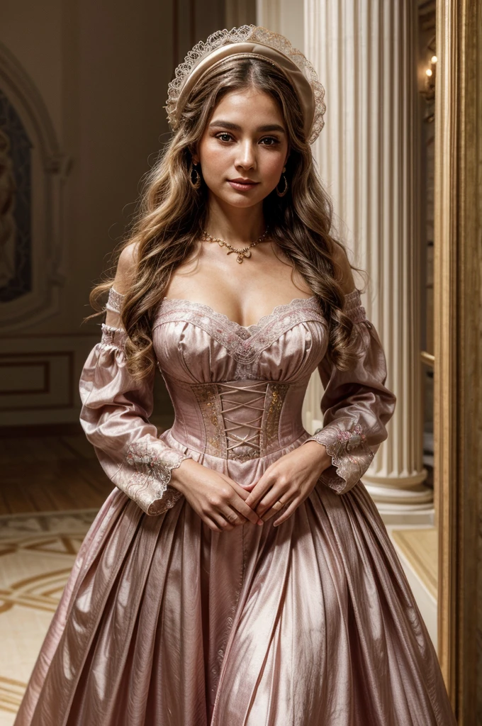 a middle-aged lady with golden hair, dressed in a traditional late 18th-century pink corset dress with full sleeves:

Appearance: The lady, of mid-old age, has soft golden hair styled elegantly in waves that cascade over her shoulders. Her fair complexion is complemented by a gentle blush on her cheeks. Her eyes, a striking hazel, convey wisdom and grace, framed by delicate eyebrows that arch elegantly.

Attire: She wears a luxurious corset dress in a delicate shade of pink, crafted from fine silk or satin. The dress features full sleeves that cascade elegantly to her wrists, adorned with intricate lace or embroidered patterns. The bodice is structured to enhance her figure, with floral motifs or ornate designs embellishing the fabric. A lace collar or ruffled neckline adds a touch of refinement to her ensemble.

Accessories: Her hair is adorned with a sophisticated bonnet or feathered hat, coordinated with the soft hues of her dress and enhancing her refined appearance. She wears pearl earrings and a delicate necklace that catches the light gracefully. In her hand, she holds a fan intricately decorated to complement the colors and motifs of her attire.

Expression: Her face exudes tranquility and confidence, with a serene smile that reflects her inner warmth and poise. Her eyes, sparkling with intelligence, convey a lifetime of experiences and wisdom gained through years in aristocratic circles.

Background: Place her in a setting evocative of late 18th-century European elegance, such as a lavish ballroom adorned with classical architecture or a serene garden blooming with period-appropriate flowers. Soft candlelight or natural sunlight illuminates the richness of her attire and the refined ambiance of her surroundings.