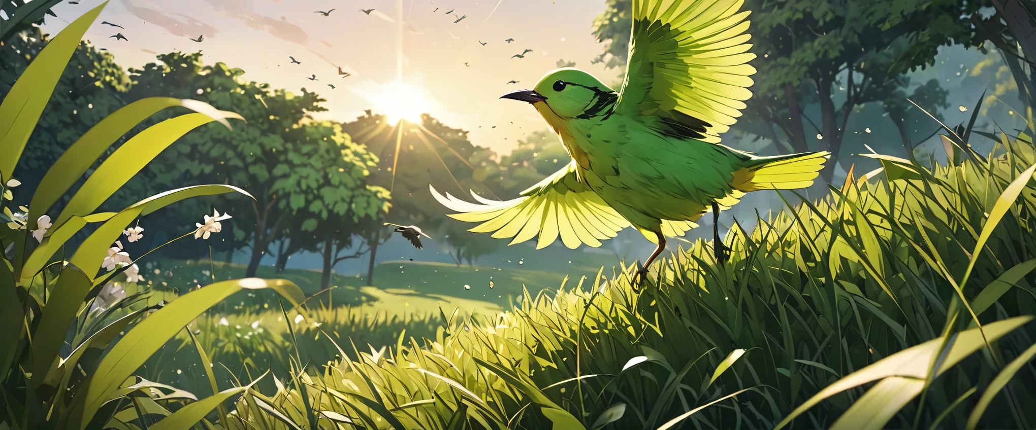 ((Very detailed), Grass, nature, bird, morning, green, splash, emissive, lights), ((Cinematic), Gradation, Warm and soft lighting), ((Ultra-detailed, beautiful, 小bird), one bird, Very detailed, cute, Climbing on a leaf, beautifulbird, Spread your wings, green bird, beautiful花, leap))