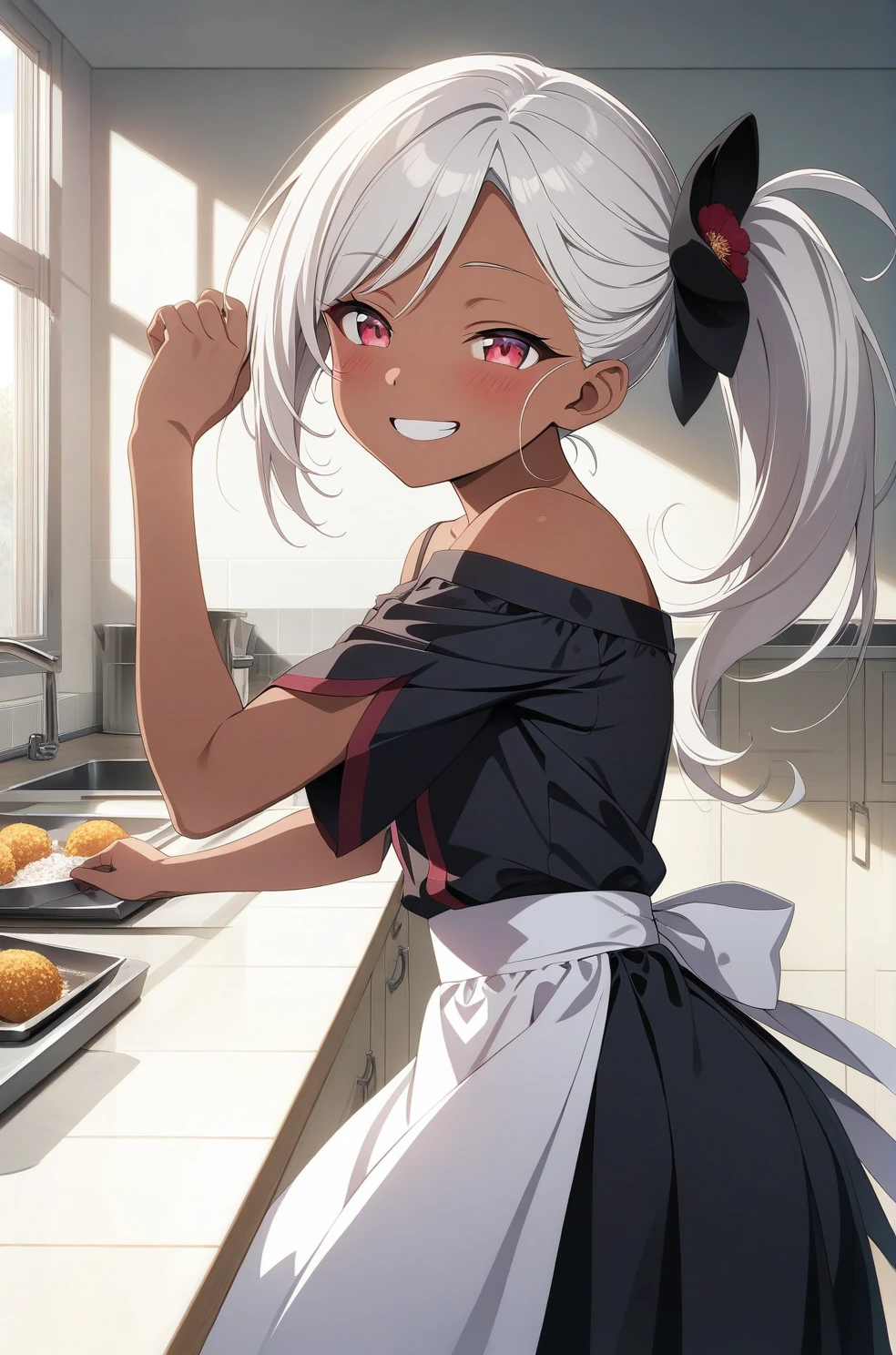 best quality, amazing quality, very aesthetic, absurdres, (1girl, mutsuki, blue archive, solo, red eyes, white hair, side ponytail), (realistic face:0.9),(off-shoulder dress:1.8),dress lift, (grin, blush, thigh:1.3), (cowboy shot), (glowing eyes), (half closed eyes:0.9), (from side:2),(official art:1.3), (kitchen), expressive eyes, perfect face, 4k, extremely detailed anime illustration, extremely detailed eyes, perfect anatomy, light rays, extremely delicate body, smooth skin, (school background:1.5), clear eyes, beautiful face, small breasts,(anime style:1.5), (Tan:1.5), (highres:2), In the kitchen, brightly lit by the morning sun, a woman in a white apron is smiling at us. In her right hand is a handful of rice balls, and in her left is a small white plate filled with salt. Her smile is as if she is saying, "Look, it's almost ready.
