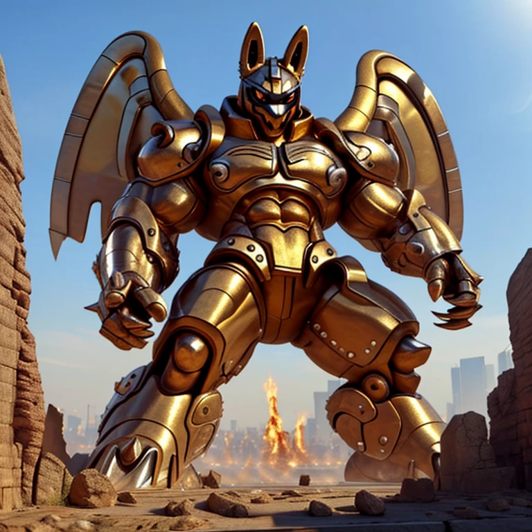 (Solo. masterpiece. official art. 8k. best quality. detailed full body. full body.)
(situation 1 : dominating Shiny_Mega_Lucario. Shiny_Mega_Lucario is over 1000 meters long. focus GIANT mechanical Muscular Shiny_Mega_Lucario is trampling the city. Looking down. macro. stomp. Low-angle perspective. emphasizing the immense size. He is much bigger than a skyscraper. Giga Giants. looking down. foot focus, (soles:1.2))

(situation 2 :smoke and flames rising from the destruction in the city)

(Additional details 1: wearing a full-face helmet. golden armor. Armored Flazzard. Armored_Flazzard. high-tech bio-mecha armor. real texture material. whole body shines like metal. Wearing cyberpunk mecha. emphasizes the muscles. suit fully made of metal. intricate armor. Robotic suit. suit fully made of metal. cyborg. He is wearing a golden cloak.). FantasyKnightV1

(Additional details 2: (Detailed head. Detailed Body. Detailed abs. gigantic muscles. HYPER MUSCLES. Gigachad Muscular. big muscle. pecs. triceps. traps. unusually developed muscular body. body full of huge muscles. showing off muscles. pectorales enormes. Exaggeratedly huge muscles. huge muscles. long legs.).

(Additional details 3: Spread wings. It has wings. have big wings. The claws are sharp. Sharp teeth).