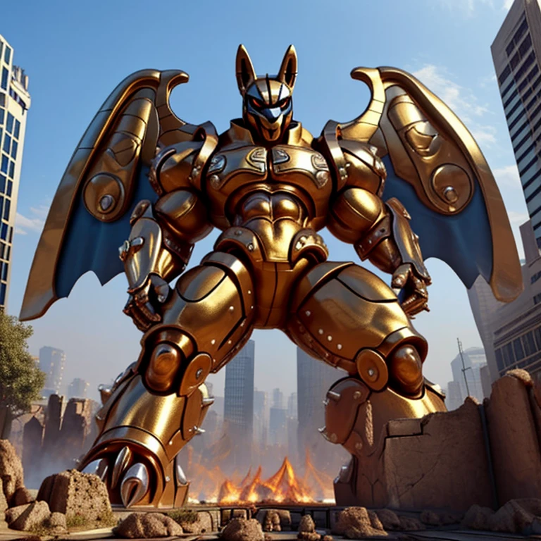 (Solo. masterpiece. official art. 8k. best quality. detailed full body. full body.)
(situation 1 : ting Shiny_Mega_Lucario. Shiny_Mega_Lucario is over 1000 meters long. focus GIANT mechanical Muscular Shiny_Mega_Lucario is trampling the city. Looking down. macro. stomp. Low-angle perspective. emphasizing the immense size. He is much bigger than a skyscraper. Giga Giants. looking down. foot focus, (soles:1.2))
(situation 2 :smoke and flames rising from the destruction in the city)
(Additional details 1: wearing a full-face helmet. golden armor. Armored Flazzard. Armored_Flazzard. high-tech bio-mecha armor. real texture material. whole body shines like metal. Wearing cyberpunk mecha. emphasizes the muscles. suit fully made of metal. intricate armor. Robotic suit. suit fully made of metal. cyborg. He is wearing a golden cloak.). FantasyKnightV1
(Additional details 2: (Detailed head. Detailed Body. Detailed abs. gigantic muscles. HYPER MUSCLES. Gigachad Muscular. big muscle. pecs. triceps. traps. unusually developed muscular body. body full of huge muscles. showing off muscles. pectorales enormes. Exaggeratedly huge muscles. huge muscles. long legs.).
(Additional details 3: Spread wings. It has wings. have big wings. The claws are sharp. Sharp teeth).