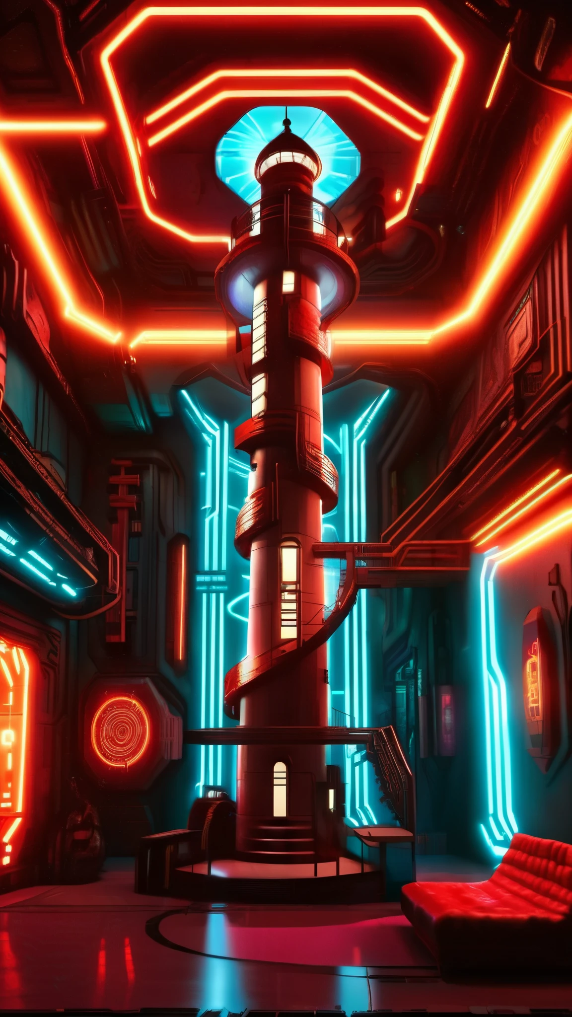 (Cyberpunk interior design ), Quantum Beacon, A lighthouse that guides travelers through a maze of other dimensions. , Cyberpunk atmosphere