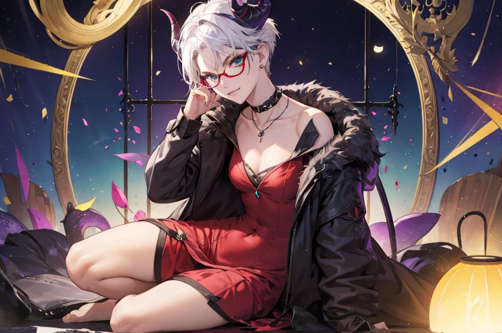 8k, masterpiece, best quality, highly detailed, 1 girl, tiefling, warlock, multicolored hair, very short straight hair green highlight hair on white hair, strippled hair, wearing glasses, round glasses, earrings, red eyeshadow, long eyelashes,navel piercing, blushed cheek, necklace, collarbone, mole, glamorous, purple and teal clothing, villainy, smirk, seductive face, halfbody view, rings, looking at viewer, demon horns, solo, elegant dress, ballroom, palace, blue pale moon, sitting,