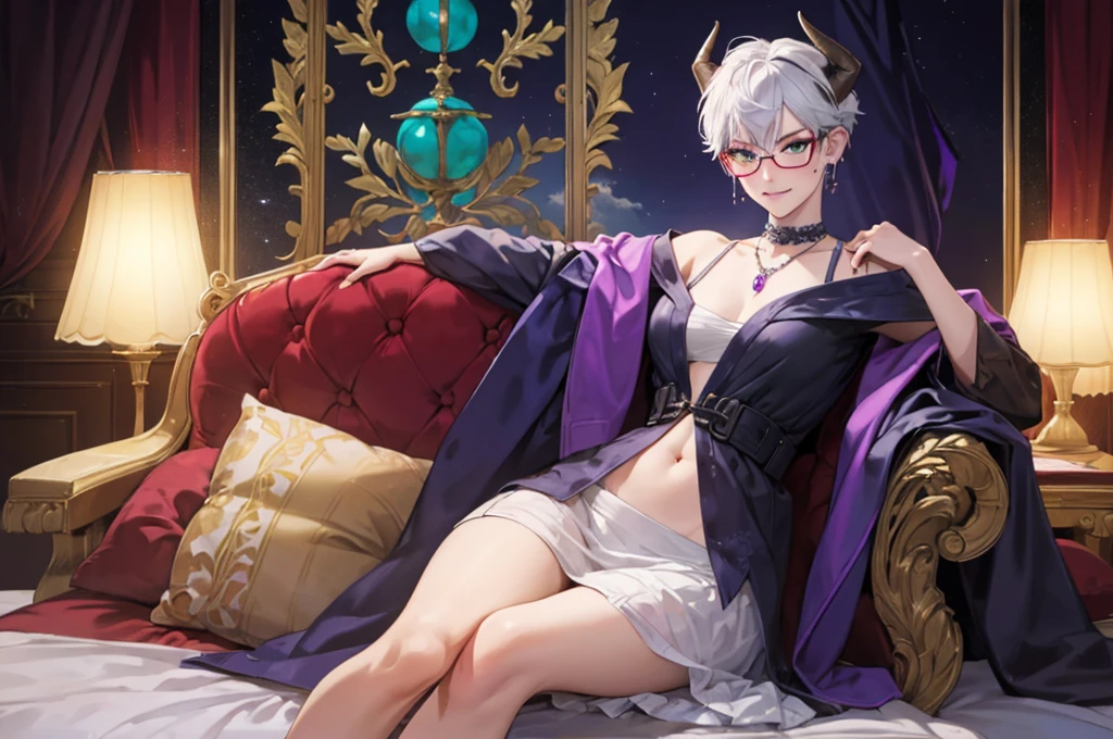 8k, masterpiece, best quality, highly detailed, 1 girl, tiefling, warlock, multicolored hair, very short straight hair green highlight hair on white hair, strippled hair, wearing glasses, round glasses, earrings, red eyeshadow, long eyelashes,navel piercing, blushed cheek, necklace, collarbone, mole, glamorous, purple and teal clothing, villainy, smirk, seductive face, halfbody view, rings, looking at viewer, demon horns, solo, elegant dress, ballroom, palace, blue pale moon, sitting,
