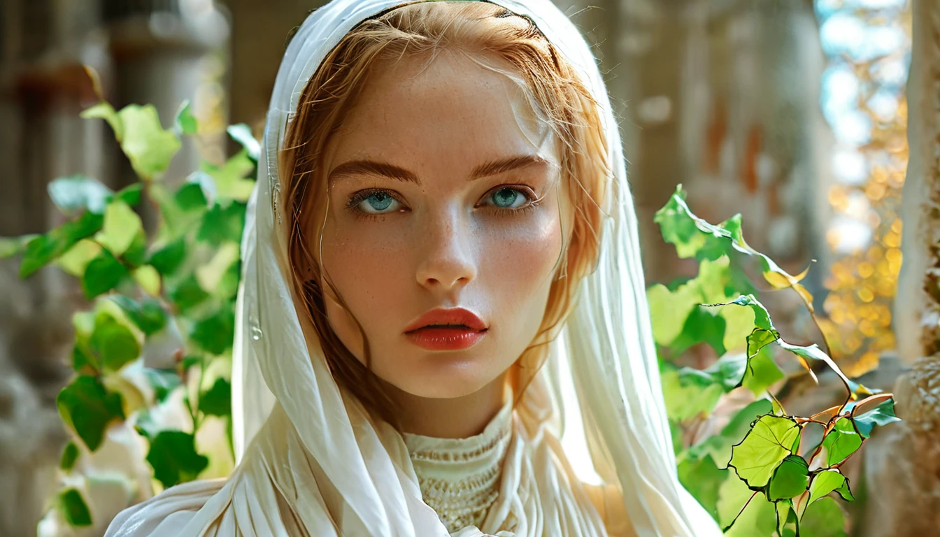 A breathtakingly realistic and captivating close-up portrait of a tall, lean Ukrainian model with green eyes and ultra-long, straight, shiny reddish-blonde hair that dances in the wind. She exudes a serene wisdom, adorned with a simple white linen cloak draped over her broad shoulders and long, slender neck. The scene is set in an ancient Greek temple, lush with ivy and bathed in a pale blue starry night. A soft, cinematic breeze and faint lighting create an ethereal ambiance, evoking a sense of enchantment and mystique, blending elements of photography, poster design, and conceptual art to create a mesmerizing and thought-provoking masterpiece.