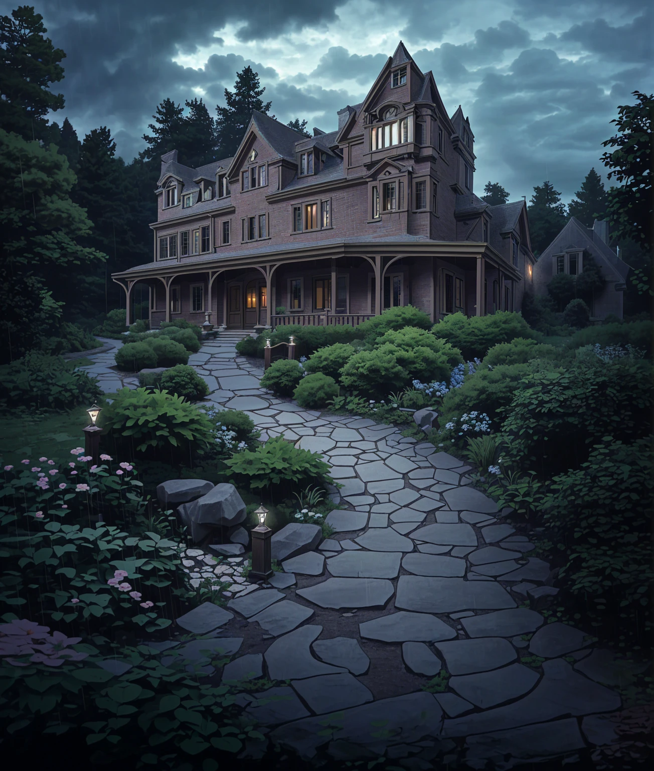 The Romanesque Revival mansion, accessed by a winding stone path, is surrounded by an English garden. There is a dense forest behind the house. There is a dark cloud above the house, which portends a downpour. The lights in the windows are off. 