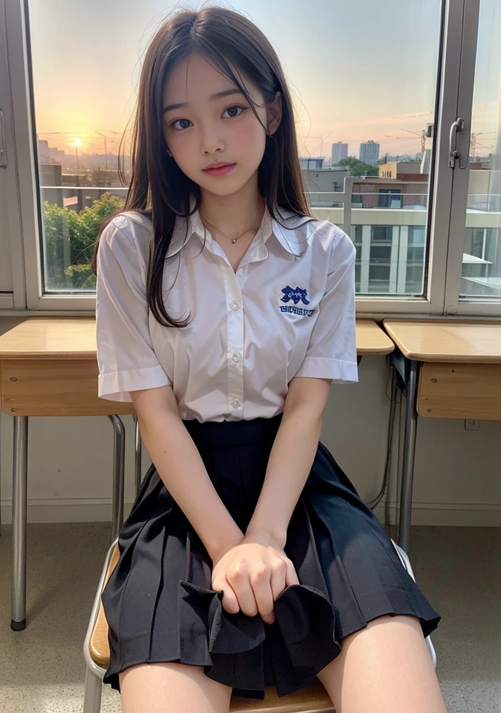 Nipples are visible、I can see my underwear from my crotch、Give a skirt、1 girl m、Japanese、 (I am)、(Chest shot up)、18year old、(Sitting on a school chair by the window)、She's looking at it、Sunset hits、(ultra cute girl:1.5)、(A detailed face)、Textured Leather、Bare legged、Brown hair、(Uniforms)、Junior High School、crass room、School Desks and Chairs、The windows are full of residential areas and sunsets.