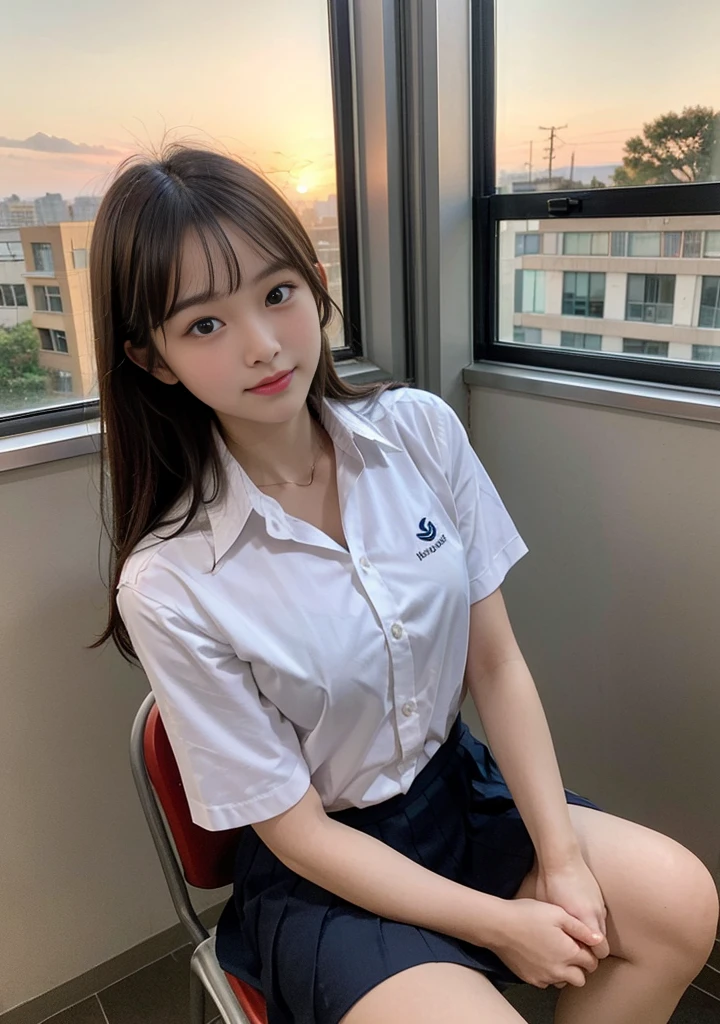Nipples are visible、I can see my underwear from my crotch、Give a skirt、1 girl m、Japanese、 (I am)、(Chest shot up)、18year old、(Sitting on a school chair by the window)、She's looking at it、Sunset hits、(ultra cute girl:1.5)、(A detailed face)、Textured Leather、Bare legged、Brown hair、(Uniforms)、Junior High School、crass room、School Desks and Chairs、The windows are full of residential areas and sunsets.