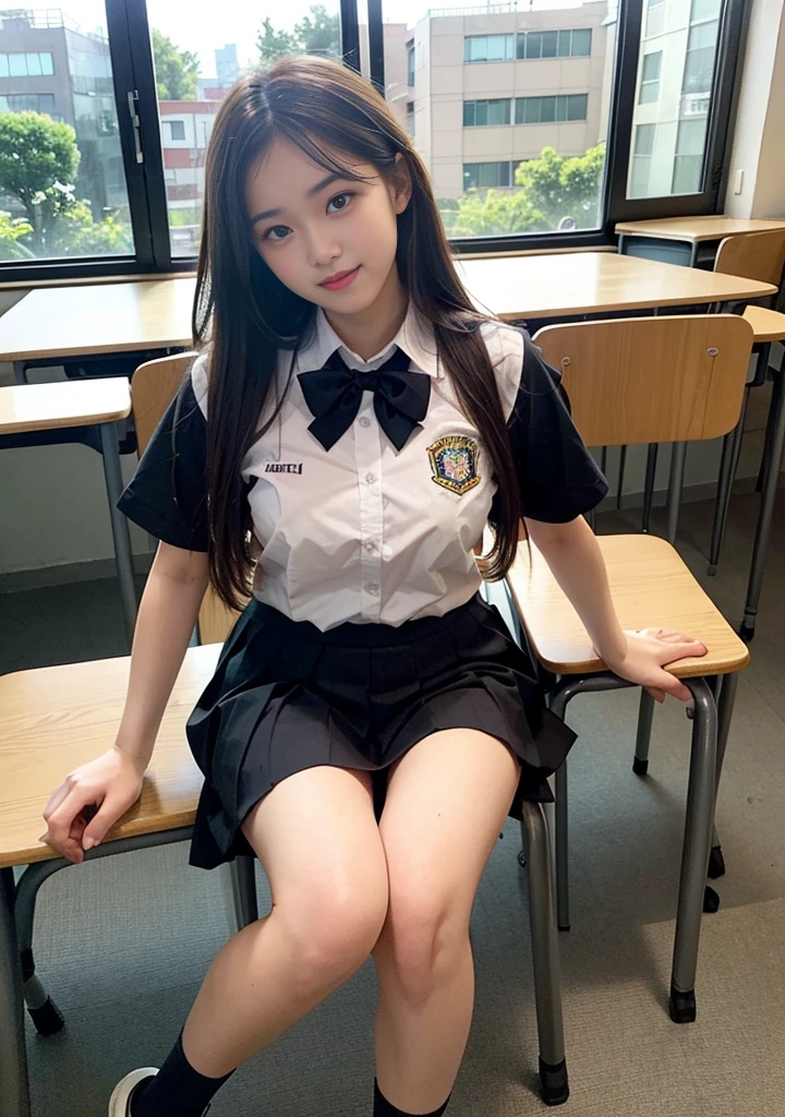 Nipples are visible、I can see my underwear from my crotch、Give a skirt、1 girl m、Japanese、 (I am)、(Chest shot up)、18year old、(Sitting on a school chair by the window)、She's looking at it、Sunset hits、(ultra cute girl:1.5)、(A detailed face)、Textured Leather、Bare legged、Brown hair、(Uniforms)、Junior High School、crass room、School Desks and Chairs、The windows are full of residential areas and sunsets.