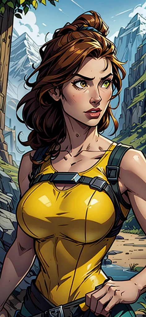 Create an image of a female adventurer wearing bright yellow clothes, showing a clear lack of interest in a smartphone. She should be holding the phone, but her focus should be on something else, such as the scenery around her or an adventure map. The setting can be an outdoor location like a forest or mountain trail, emphasizing her adventurous spirit. The overall mood should convey her disinterest in technology and her preference for the natural world.