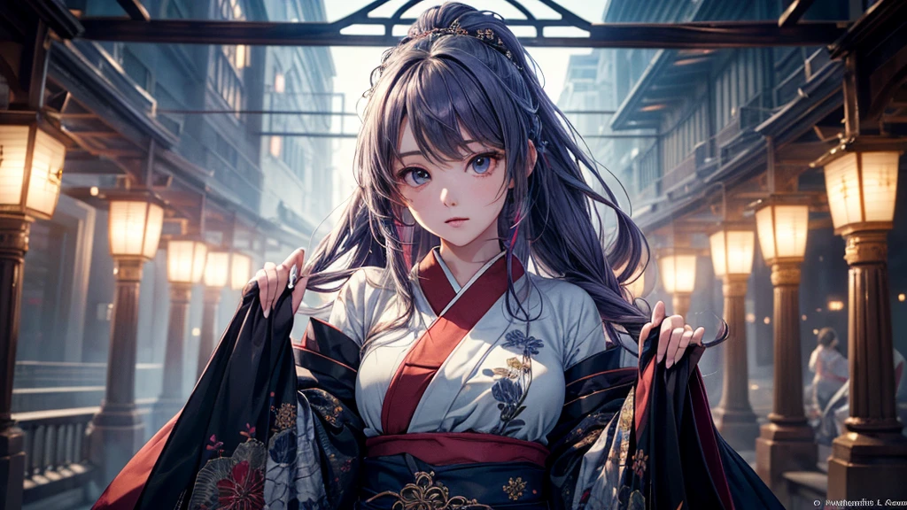 One Girl,goddess,Delicate and beautiful face,Flowing,Perfect balance, detailedな衣服のdetailed,Cinema Lighting, Film Grain, Fujicolor, Light and dark contrast, 8K, masterpiece, Textured skin, 超detailed, High detail, high quality, High resolution,(最high quality, masterpiece, colorful, Dynamic Angle, highest detailed)Full body photo, ull body photos amazing real, (close), One Girl, Midnight purple hair, long 髪,,ponytail, Shrine maiden clothing with intricate patterns, ultra detailed, (texture_clothing), Japanese style landscape, (Intricate details, hyperdetailed:1.15), detailed, Light passing through hair, (Official Art, extreme detailed, highest detailed),