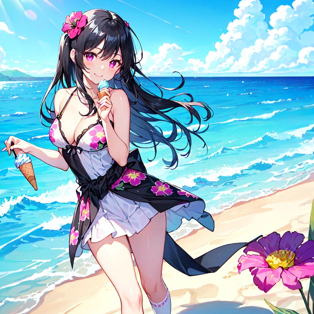 masterpiece, best quality, high quality, extremely detailed, very delicate and beautiful, (1 female 18 years old solo:1.5), (long black hair up to waist with two-side up:1.5), bangs to eyebrows, eyes Eyebrows are glossy, (eye color: magenta:1.3), 6.5 head height, (summer flower print dress: 1.3), knee socks, lace, frills, (smiling), (eating with soft ice cream), (standing), (dynamic pose), (background ocean beach: 1.3), ( blue sky:1.3)