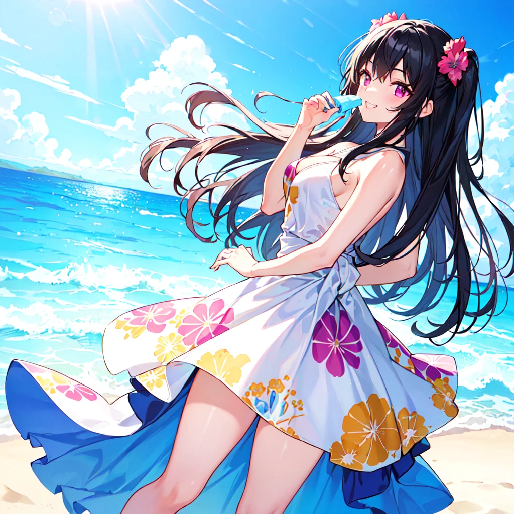 masterpiece, best quality, high quality, extremely detailed, very delicate and beautiful, (1 female 18 years old solo:1.5), (long black hair up to waist with two-side up:1.5), bangs to eyebrows, eyes Eyebrows are glossy, (eye color: magenta:1.3), 6.5 head height, (summer flower print dress: 1.3), knee socks, lace, frills, (smiling), (eating with soft ice cream), (standing), (dynamic pose), (background ocean beach: 1.3), ( blue sky:1.3)