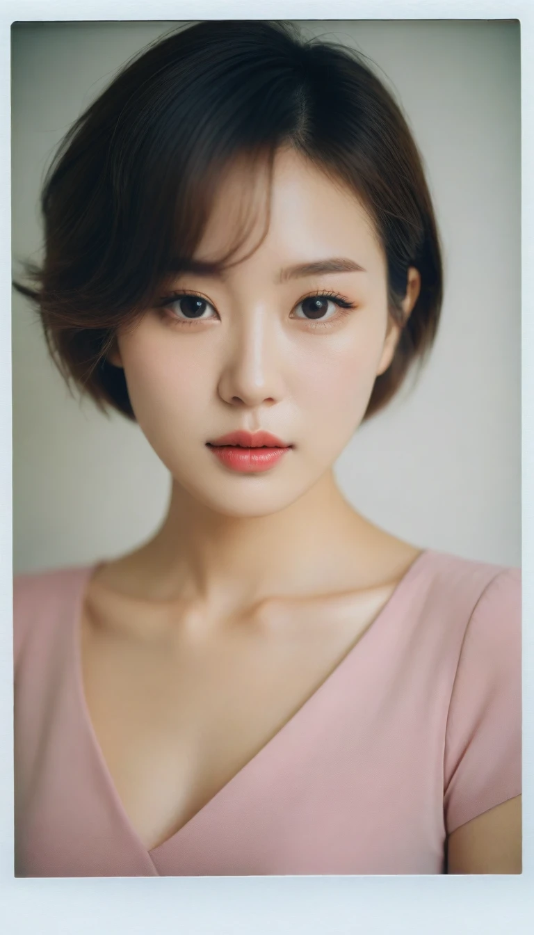 Close up of beautiful Korean woman, 34 inch chest size,Wearing a thin pink luxury brand short-sleeved dress, polaroid photo, Short hair. uhd