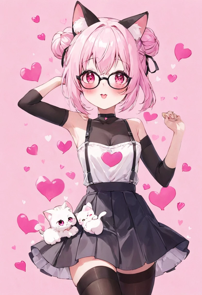 I have white pink hair, cat ears, a bun, my face is super blushing, black glasses, pink heart eyes, a Brazil, a skirt that has black straps, black stockings, white shoes, a cat&#39;s tail, a very girl Shy 