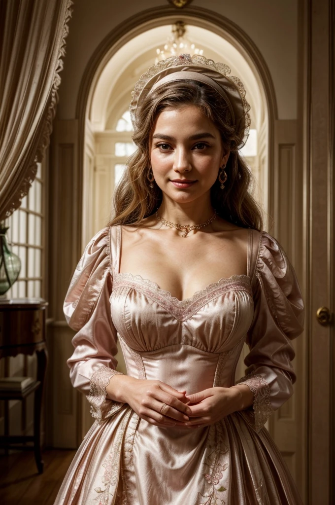 a middle-aged lady with golden hair, dressed in a traditional late 18th-century pink corset dress with full sleeves:
Appearance: The lady, of mid-old age, has soft golden hair styled elegantly in waves that cascade over her shoulders. Her fair complexion is complemented by a gentle blush on her cheeks. Her eyes, a striking hazel, convey wisdom and grace, framed by delicate eyebrows that arch elegantly.
Attire: She wears a luxurious corset dress in a delicate shade of pink, crafted from fine silk or satin. The dress features full sleeves that cascade elegantly to her wrists, adorned with intricate lace or embroidered patterns. The bodice is structured to enhance her figure, with floral motifs or ornate designs embellishing the fabric. A lace collar or ruffled neckline adds a touch of refinement to her ensemble.
Accessories: Her hair is adorned with a sophisticated bonnet or feathered hat, coordinated with the soft hues of her dress and enhancing her refined appearance. She wears pearl earrings and a delicate necklace that catches the light gracefully. In her hand, she holds a fan intricately decorated to complement the colors and motifs of her attire.
Expression: Her face exudes tranquility and confidence, with a serene smile that reflects her inner warmth and poise. Her eyes, sparkling with intelligence, convey a lifetime of experiences and wisdom gained through years in aristocratic circles.
Background: Place her in a setting evocative of late 18th-century European elegance, such as a lavish ballroom adorned with classical architecture or a serene garden blooming with period-appropriate flowers. Soft candlelight or natural sunlight illuminates the richness of her attire and the refined ambiance of her surroundings.