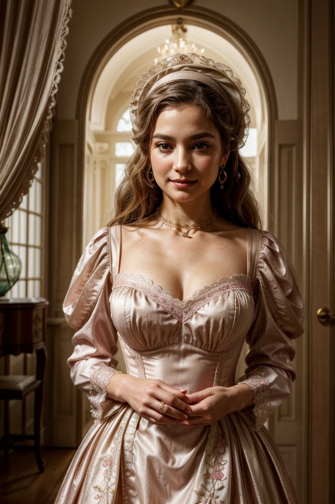 a middle-aged lady with golden hair, dressed in a traditional late 18th-century pink corset dress with full sleeves:
Appearance: The lady, of mid-old age, has soft golden hair styled elegantly in waves that cascade over her shoulders. Her fair complexion is complemented by a gentle blush on her cheeks. Her eyes, a striking hazel, convey wisdom and grace, framed by delicate eyebrows that arch elegantly.
Attire: She wears a luxurious corset dress in a delicate shade of pink, crafted from fine silk or satin. The dress features full sleeves that cascade elegantly to her wrists, adorned with intricate lace or embroidered patterns. The bodice is structured to enhance her figure, with floral motifs or ornate designs embellishing the fabric. A lace collar or ruffled neckline adds a touch of refinement to her ensemble.
Accessories: Her hair is adorned with a sophisticated bonnet or feathered hat, coordinated with the soft hues of her dress and enhancing her refined appearance. She wears pearl earrings and a delicate necklace that catches the light gracefully. In her hand, she holds a fan intricately decorated to complement the colors and motifs of her attire.
Expression: Her face exudes tranquility and confidence, with a serene smile that reflects her inner warmth and poise. Her eyes, sparkling with intelligence, convey a lifetime of experiences and wisdom gained through years in aristocratic circles.
Background: Place her in a setting evocative of late 18th-century European elegance, such as a lavish ballroom adorned with classical architecture or a serene garden blooming with period-appropriate flowers. Soft candlelight or natural sunlight illuminates the richness of her attire and the refined ambiance of her surroundings.