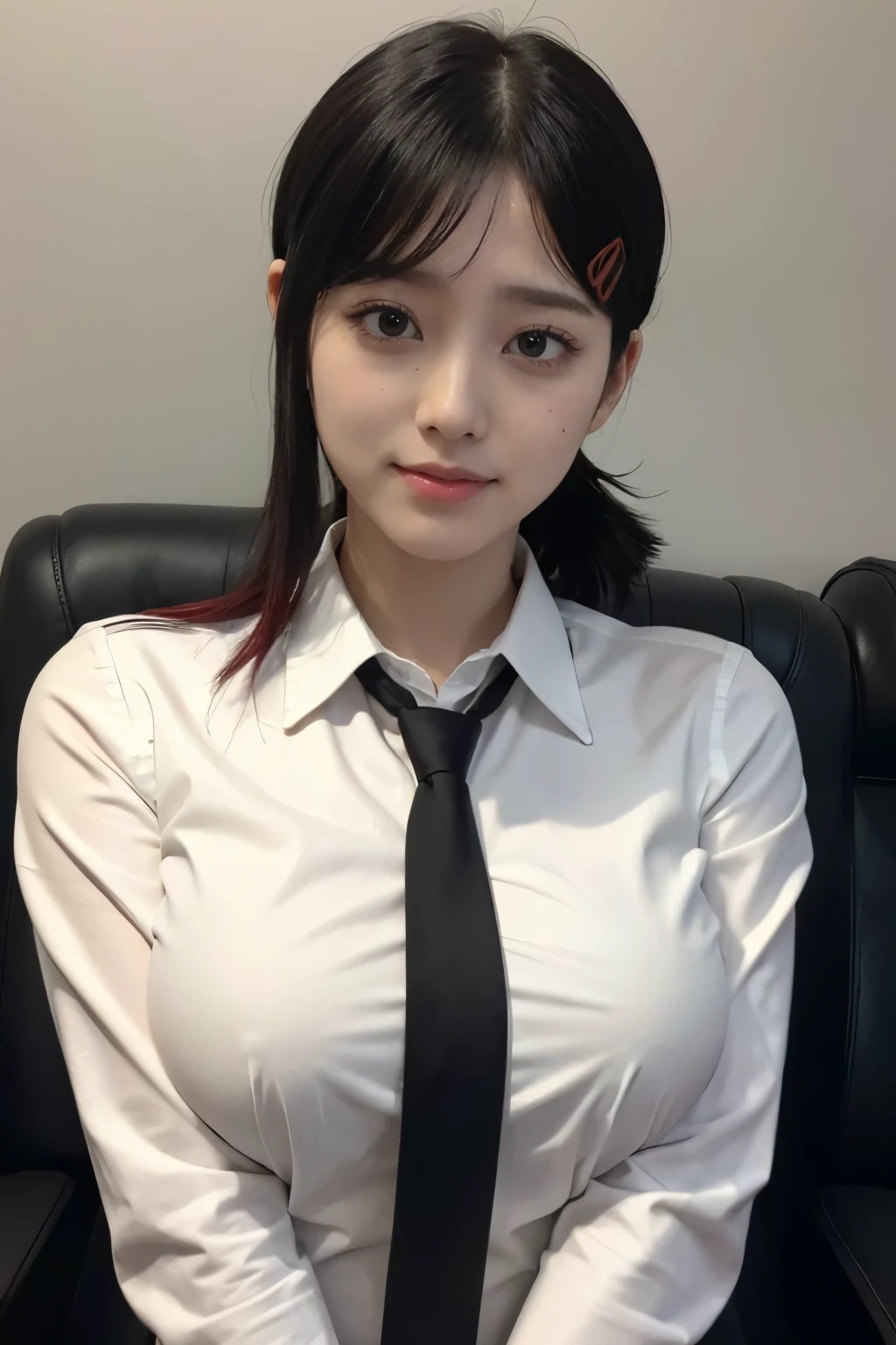 Highest quality、Ultra-high resolution、Professional Lighting、Detailed Background、workroom、full body,Kobeni-chan、A sloppy smile、25-year-old woman、beautiful girl、(Kobeni-chan、Jet black hair, Black Hair, bangs, One-sided hair,)、(Red Hair Clip:1.1)、(White shirt:1.2)+(Black tie:1.2)+(black long pants for work:1.2)、(Huge breasts that look like they might burst:1.2)、(Big thighs:1.1)、Are standing、Model pose