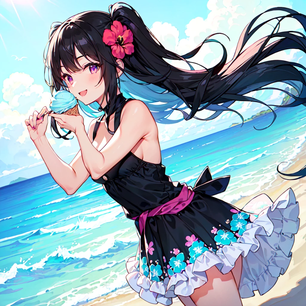 masterpiece, best quality, high quality, extremely detailed, very delicate and beautiful, (1 female 18 years old solo:1.5), (long black hair up to waist with two-side up:1.5), bangs to eyebrows, eyes Eyebrows are glossy, (eye color: magenta:1.3), 6.5 head height, (summer flower print dress: 1.3), knee socks, lace, frills, (smiling), (eating with soft ice cream), (standing), (dynamic pose), (background ocean beach: 1.3), ( blue sky:1.3), (upper body:1.3)