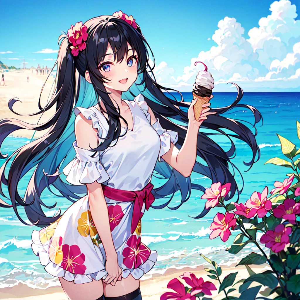 masterpiece, best quality, high quality, extremely detailed, very delicate and beautiful, (1 female 18 years old solo:1.5), (long black hair up to waist with two-side up:1.5), bangs to eyebrows, eyes Eyebrows are glossy, (eye color: magenta:1.3), 6.5 head height, (summer flower print dress: 1.3), knee socks, lace, frills, (smiling), (eating with soft ice cream), (standing), (dynamic pose), (background ocean beach: 1.3), ( blue sky:1.3), (upper body:1.3)