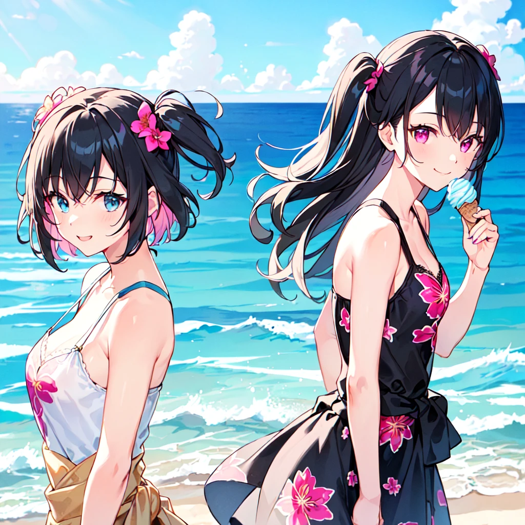 masterpiece, best quality, high quality, extremely detailed, very delicate and beautiful, (1 female 18 years old solo:1.5), (long black hair up to waist with two-side up:1.5), bangs to eyebrows, eyes Eyebrows are glossy, (eye color: magenta:1.3), 6.5 head height, (summer flower print dress: 1.3), knee socks, lace, frills, (smiling), (eating with soft ice cream), (standing), (dynamic pose), (background ocean beach: 1.3), ( blue sky:1.3), (upper body:1.3)