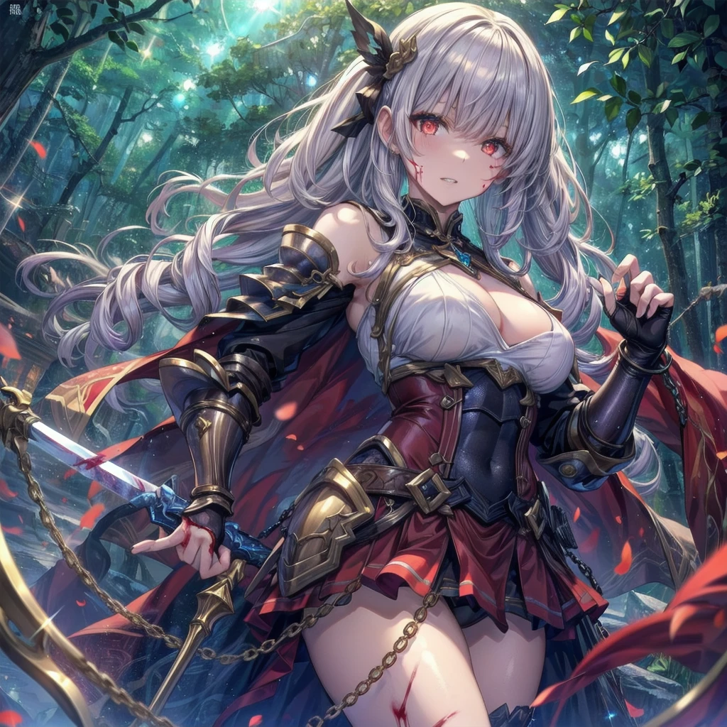 , Holding a long sword with both hands, Have a weapon, cute女の子, Enchanting girl, Anime Girls, (Light purple hair、Wavy Hair、Twin Drill), (Red eyes, Droopy eyes), ((Dark Skin)), break (((Silver Armor、Lower body armor、Chain mail、Jeweled Breastplate、Gauntlet、Shingard、Red Cape)))、 (((Highest quality)), ((masterpiece)), (Very detailed), (High resolution), (Beautiful sparkle), (High detail), (Anatomically correct)), ((Realistic)), ((The best CG)), Very detailedなアート, CG illustration, 16K, 1080P, Oil paints:1.2, (((One Girl))), (左右対称のface立ち, 完璧なface), Beautiful clavicle, (Beautiful fingers), (Beautiful breasts, (Ｃcup)), Beautiful body, Beautiful thighs, Beautiful feet, Perfect round ass, (((Detailed skin, Oily skin, Textured skin, Beautiful Skin))), (((童face, cute, ))), double eyelid, Long eyelashes, (Expression of fine eyes, Beautiful and delicate eyes, Sparkling eyes, Eye Reflexes), (Beautiful Nose,Thin Nose), (Glossy Lips, Beautiful Lips, Thick lips), (Beautiful Hair, Shiny Hair, Shiny Hair), Hair fluttering), (Serious expression), break (noon、(Fantasy World、in the forest)), ((walking、Cowboy Shot))masterpiece:1.2, Highest quality), (Actual Photos, Intricate details), (1 female, alone, Upper Body, all breasts) ，Crazy Smile, Crazy Eyes, A cute and luxurious hair band, Eyes Wide Open、Scary atmosphere、Distorted facial expressions、ねじれた笑face、Bloodまみれ、頭からBloodが出る、Bloodしぶき、whole body、Punk Fashion、Long Hair、長めのbangs、Twin tails、Black Hair、（（（Dark circles under the eyes）））、Pale skin、Feeling unwell、Pathological、邪悪な笑face、Crazy Eyes、（Grin）Dramatic makeup，Create mixed media art、White Background,スクリーン上のwhole body描写,whole body図,Well-built,Nice body,Broad shoulders,I focus,(face),Messy Hair,Yellow Eyes,(Glowing Eyes),(Bloodしぶき:1.7),Red light,笑face,big 笑face,teeth,psycho 笑face,gesugao,School corridor background,evening,sunset,Good Eyes, 良いteeth,Large Breasts,魅惑的な笑face,Large Breasts,Black Hair,Pink Eyes,Pink leotard,pantyhose,Glossy Lips,Sitting,サディスティックな笑face,,all,Shiny skin,詳細なface,Beautiful body,whole body,Adult,whole body油まみれで光沢感がある　whole bodyから湯気が出ている　Steam like a sauna room fills the screen..　White breath from the mouth　city　A person who fights fear々々　Fugitive々　Pedestrian precinct　, Long Hair, alone, blue eyes, Maid headdress, View your audience, Maid, Blood, blush, Bring your finger to your mouth, 笑face, bangs, Hair between the eyes, apron, dress, gotou hitori, Long sleeve, Frills, Blood on clothes, Upper Body, Manicure, be quiet, Juliet Sleeve, black dress, flower, indoor, Maid apron, Blood splatter, Puffy sleeves, Blood on face, Purple Nails, Point your finger up, Rose