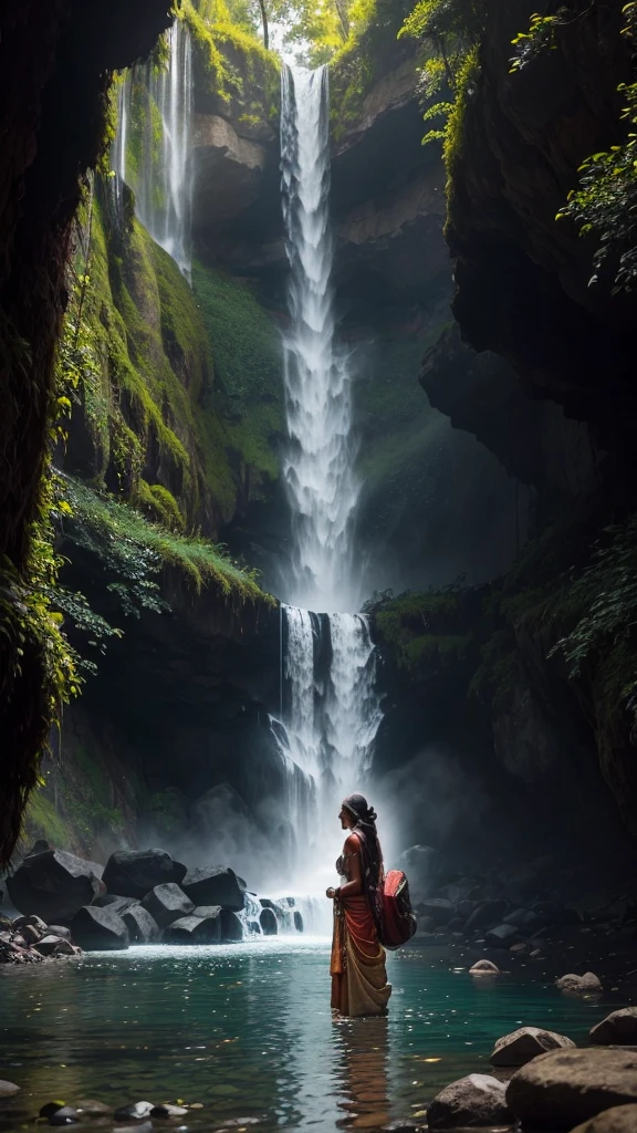 Indian woman near waterfall , adventure , 