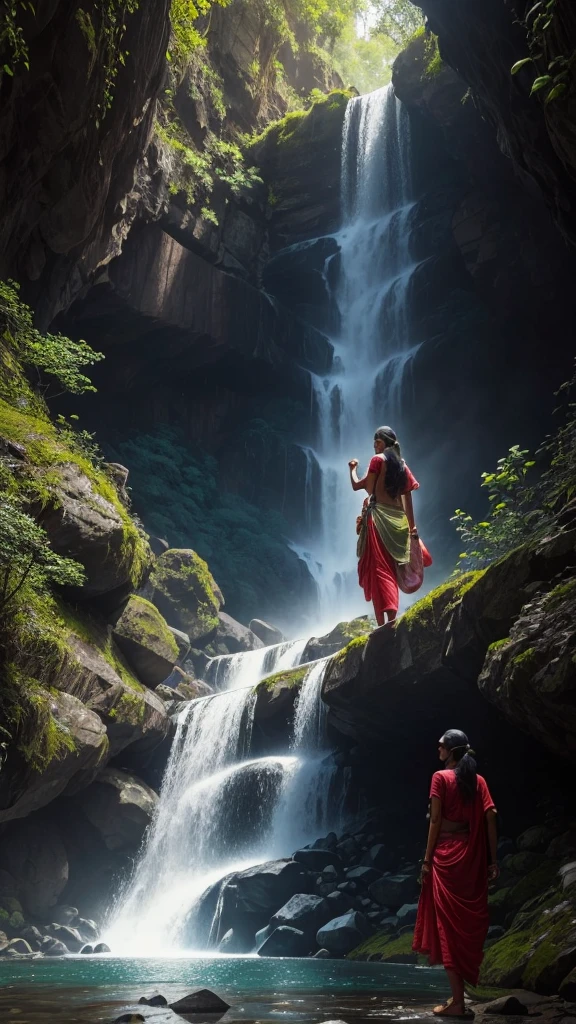 Indian woman near waterfall , adventure ,
