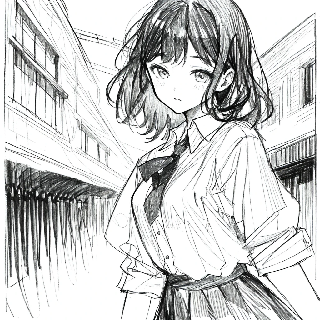 One Girl,Line art,Monochrome,sketch,Pencil drawing,Traditional Media,One Girl, skirt,Cute Teenage Girls, ,Beautiful portrait、Delicate body、Black Hair、Black Hair,landscape,Black and White