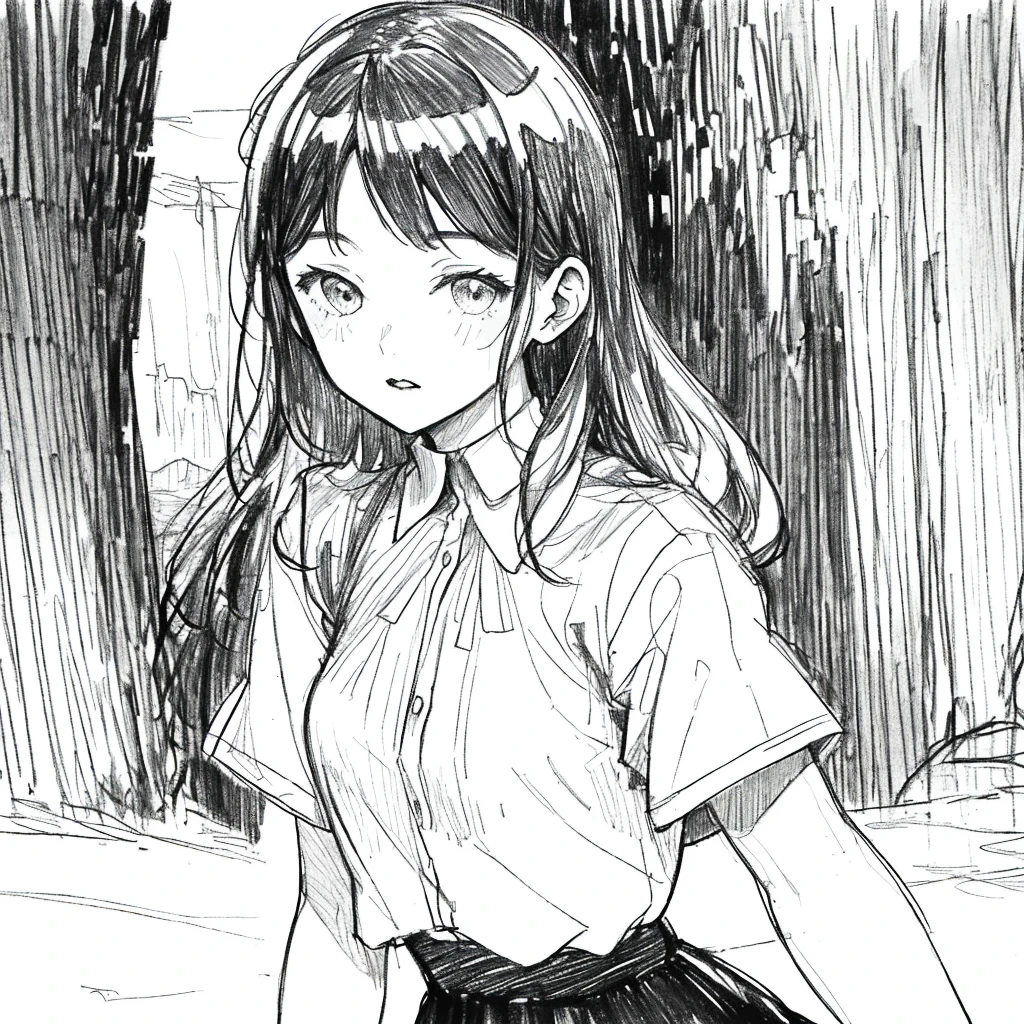 One Girl,Line art,Monochrome,sketch,Pencil drawing,Traditional Media,One Girl, skirt,Cute Teenage Girls, ,Beautiful portrait、Delicate body、Black Hair、Black Hair,landscape,Black and White