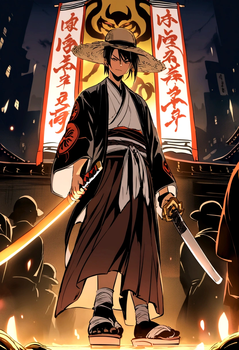 ronin, straw hat, holding katana, ruined dojo background, clan banner, night environment