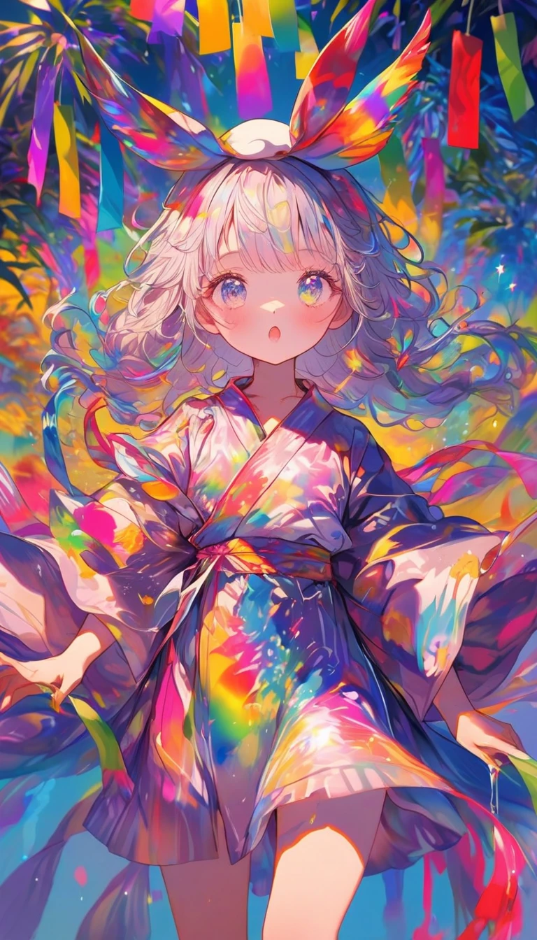 Tanabata、Strip、Bamboo leaf、Stripに願いをこめて、Grilling in a yukata,fluid,Particles of light, dream-like,Sparkling,dream-like glow,Paint drips,oil,strong stroke,Paint drips,Splash Paint Drop, oil,(Abstract:1.2)A girl made up of(Tanabataライトトレース:1.25),Change to (Radioluminescence light tracking) Style Fireworks,(Cowboy Shot,Above Knee Portrait:1.25),Temple Fair,Summer festival,Shining in rainbow colors、16K, Ultra-high resolution, to be born,wonderful ,future、Iridescent、The world 30 years from now。