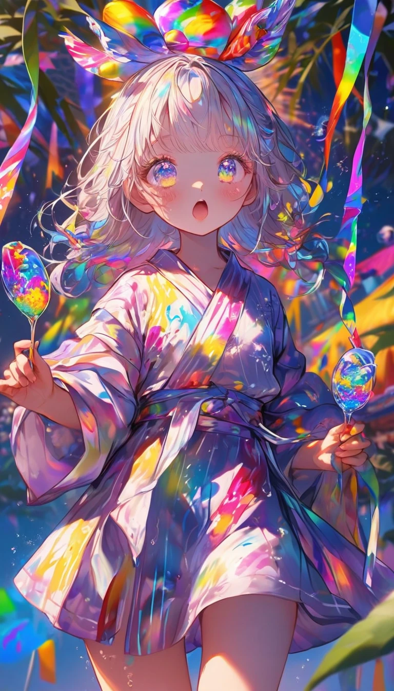 Tanabata、Strip、Bamboo leaf、Stripに願いをこめて、Grilling in a yukata,fluid,Particles of light, dream-like,Sparkling,dream-like glow,Paint drips,oil,strong stroke,Paint drips,Splash Paint Drop, oil,(Abstract:1.2)A girl made up of(Tanabataライトトレース:1.25),Change to (Radioluminescence light tracking) Style Fireworks,(Cowboy Shot,Above Knee Portrait:1.25),Temple Fair,Summer festival,Shining in rainbow colors、16K, Ultra-high resolution, to be born,wonderful ,future、Iridescent、The world 30 years from now。