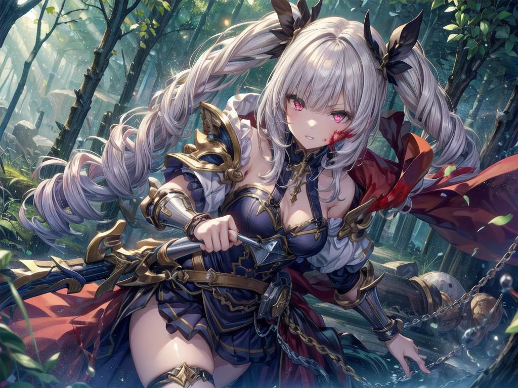 , Holding a long sword with both hands, Have a weapon, cute女の子, Enchanting girl, Anime Girls, (Light purple hair、Wavy Hair、Twin Drill), (Red eyes, Droopy eyes), ((Dark Skin)), break (((Silver Armor、Lower body armor、Chain mail、Jeweled Breastplate、Gauntlet、Shingard、Red Cape)))、 (((Highest quality)), ((masterpiece)), (Very detailed), (High resolution), (Beautiful sparkle), (High detail), (Anatomically correct)), ((Realistic)), ((The best CG)), Very detailedなアート, CG illustration, 16K, 1080P, Oil paints:1.2, (((One Girl))), (左右対称のface立ち, 完璧なface), Beautiful clavicle, (Beautiful fingers), (Beautiful breasts, (Ｃcup)), Beautiful body, Beautiful thighs, Beautiful feet, Perfect round ass, (((Detailed skin, Oily skin, Textured skin, Beautiful Skin))), (((童face, cute, 16 years old))), double eyelid, Long eyelashes, (Expression of fine eyes, Beautiful and delicate eyes, Sparkling eyes, Eye Reflexes), (Beautiful Nose,Thin Nose), (Glossy Lips, Beautiful Lips, Thick lips), (Beautiful Hair, Shiny Hair, Shiny Hair), Hair fluttering), (Serious expression), break (noon、(Fantasy World、in the forest)), ((walking、Cowboy Shot))masterpiece:1.2, Highest quality), (Actual Photos, Intricate details), (1 female, alone, Upper Body, all breasts) ，Crazy Smile, Crazy Eyes, A cute and luxurious hair band, Eyes Wide Open、Scary atmosphere、Distorted facial expressions、ねじれた笑face、Bloodまみれ、頭からBloodが出る、Bloodしぶき、whole body、Punk Fashion、Long Hair、長めのbangs、Twin tails、Black Hair、（（（Dark circles under the eyes）））、Pale skin、Feeling unwell、Pathological、邪悪な笑face、Crazy Eyes、（Grin）Dramatic makeup，Create mixed media art、White Background,スクリーン上のwhole body描写,whole body図,Well-built,Nice body,Broad shoulders,I focus,(face),Messy Hair,Yellow Eyes,(Glowing Eyes),(Bloodしぶき:1.7),Red light,笑face,big 笑face,teeth,psycho 笑face,gesugao,School corridor background,evening,sunset,Good Eyes, 良いteeth,Large Breasts,魅惑的な笑face,Large Breasts,Black Hair,Pink Eyes,Pink leotard,pantyhose,Glossy Lips,Sitting,サディスティックな笑face,,all,Shiny skin,詳細なface,Beautiful body,whole body,Adult,whole body油まみれで光沢感がある　whole bodyから湯気が出ている　Steam like a sauna room fills the screen..　White breath from the mouth　city　A person who fights fear々々　Fugitive々　Pedestrian precinct　, Long Hair, alone, blue eyes, Maid headdress, View your audience, Maid, Blood, blush, Bring your finger to your mouth, 笑face, bangs, Hair between the eyes, apron, dress, gotou hitori, Long sleeve, Frills, Blood on clothes, Upper Body, Manicure, be quiet, Juliet Sleeve, black dress, flower, indoor, Maid apron, Blood splatter, Puffy sleeves, Blood on face, Purple Nails, Point your finger up, Rose