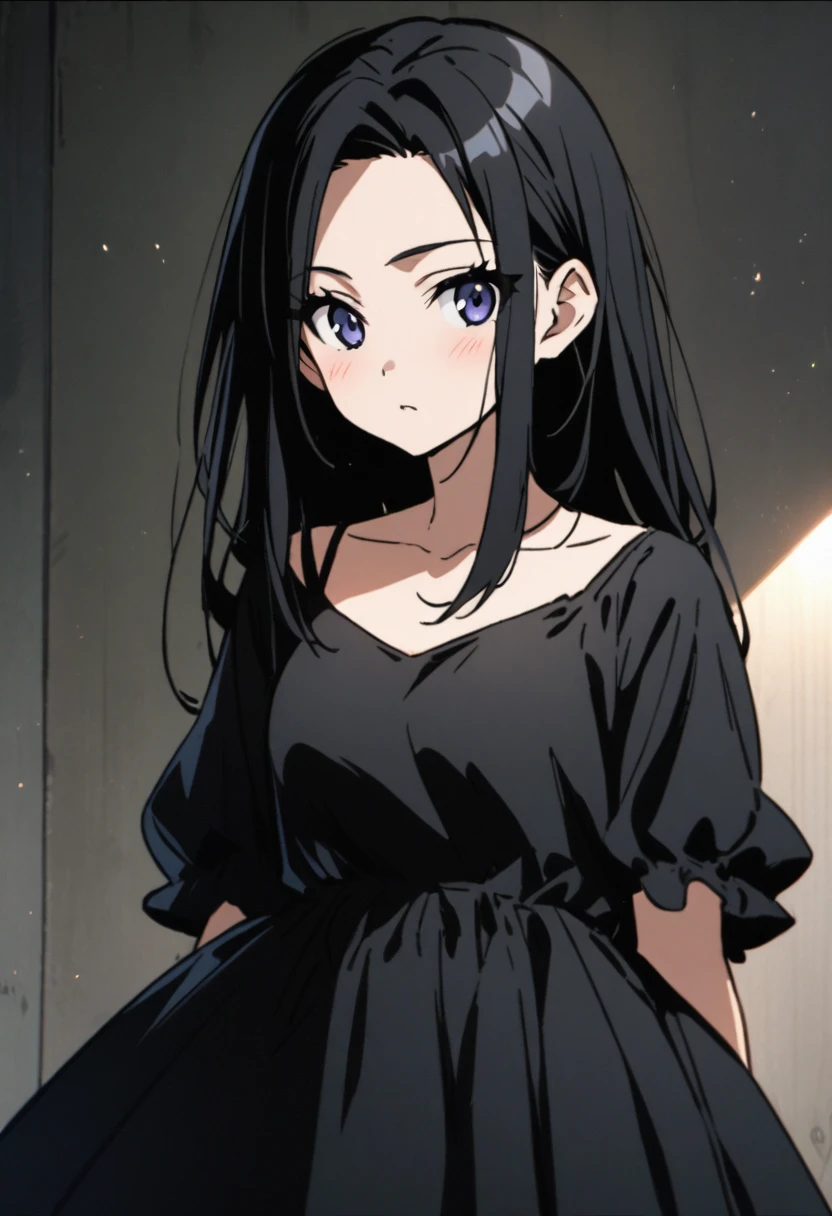 anime girl with black hair and a black dress and a black top, 1 7 - year - old