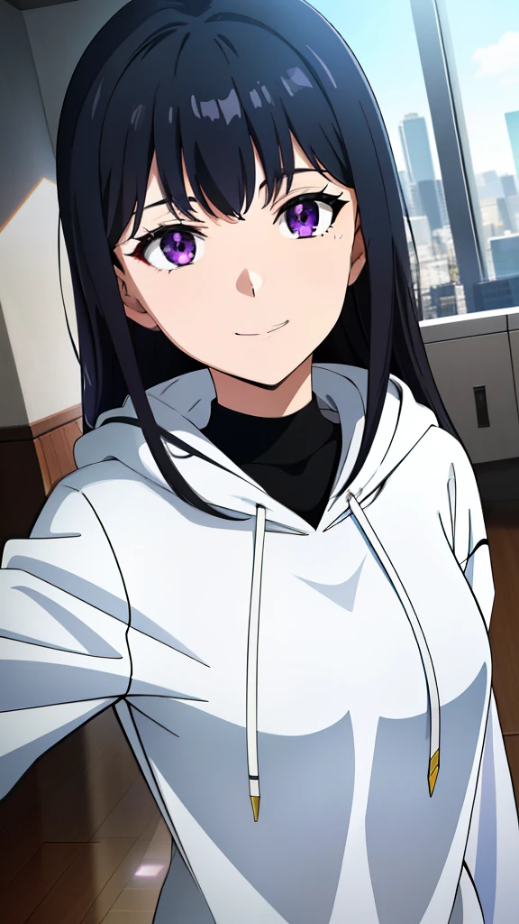 (best quality:1.5, highres, UHD, 4K, detailed lighting, shaders), black hair, long hair, cool woman, cool girl, sharp eyes, purple eyes, beautiful, indoors background, white hoodie, look at viewer, narrow eyes, teen girl, small breasts, front view, smile, Happiest expression