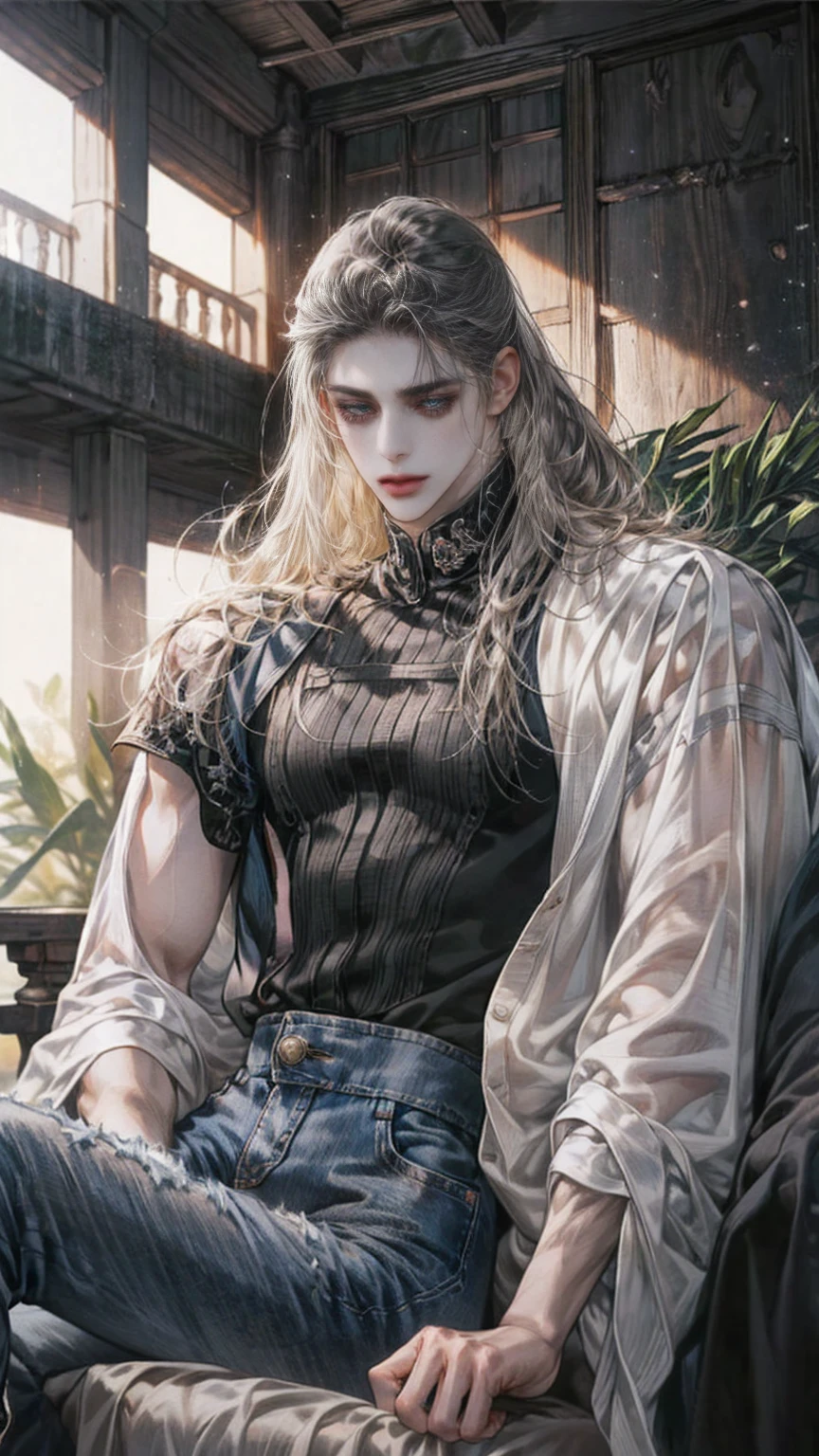 One man, pretty man, emo, very long hair, black hair, high pony tail hairstyle, messy hair, waisted ripped jeans, very dark atmosphere, little bit of sunlight, depressed, expressionless, gray eyes, manly, slim figures., manly, masculine