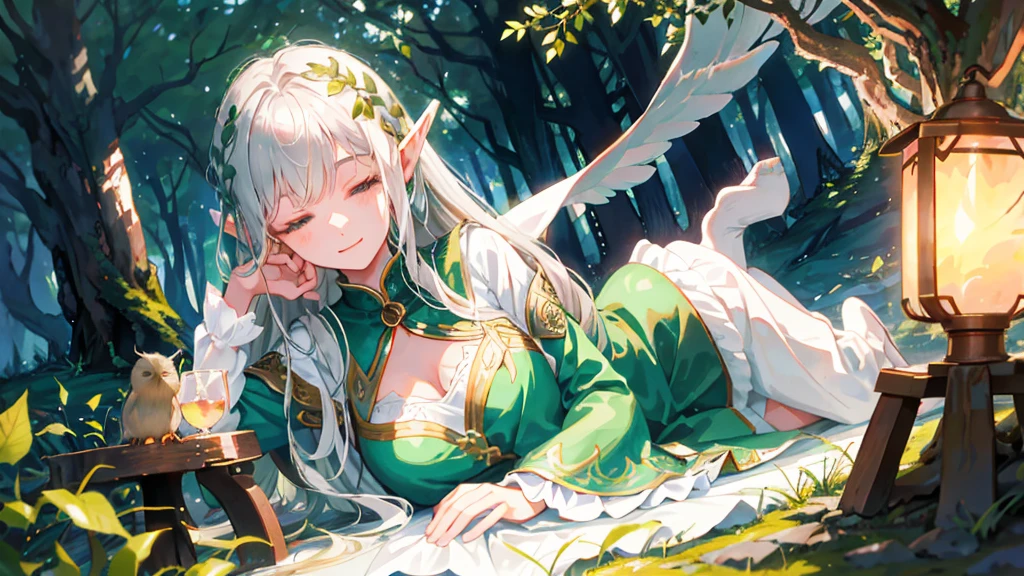 Under the protective cover of a majestic old oak tree, a young elf girl sleeps peacefully. Her silver hair spreads like a sparkling stream across the carpet of green moss, framing her delicate face. She is dressed in a light silk dress, emerald green in color, dotted with floral patterns that seem to dance in the light of the stars. Her pointy ears protrude gracefully from her hair, testifying to her elven heritage. A serene smile floats on her pink lips, while her thin eyelids hide deep blue eyes. All around her, the forest is plunged into an enchanting silence, disturbed only by the gentle murmur of the wind and the distant song of an owl. The fireflies float gently around his sleeping body, creating a magical, ethereal aura, as if time itself had decided to slow down to preserve this moment of pure tranquility.sleeping