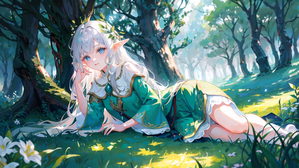 Under the protective cover of a majestic old oak tree, a young elf girl sleeps peacefully. Her silver hair spreads like a sparkling stream across the carpet of green moss, framing her delicate face. She is dressed in a light silk dress, emerald green in color, dotted with floral patterns that seem to dance in the light of the stars. Her pointy ears protrude gracefully from her hair, testifying to her elven heritage. A serene smile floats on her pink lips, while her thin eyelids hide deep blue eyes. All around her, the forest is plunged into an enchanting silence, disturbed only by the gentle murmur of the wind and the distant song of an owl. The fireflies float gently around his sleeping body, creating a magical, ethereal aura, as if time itself had decided to slow down to preserve this moment of pure tranquility.sleeping