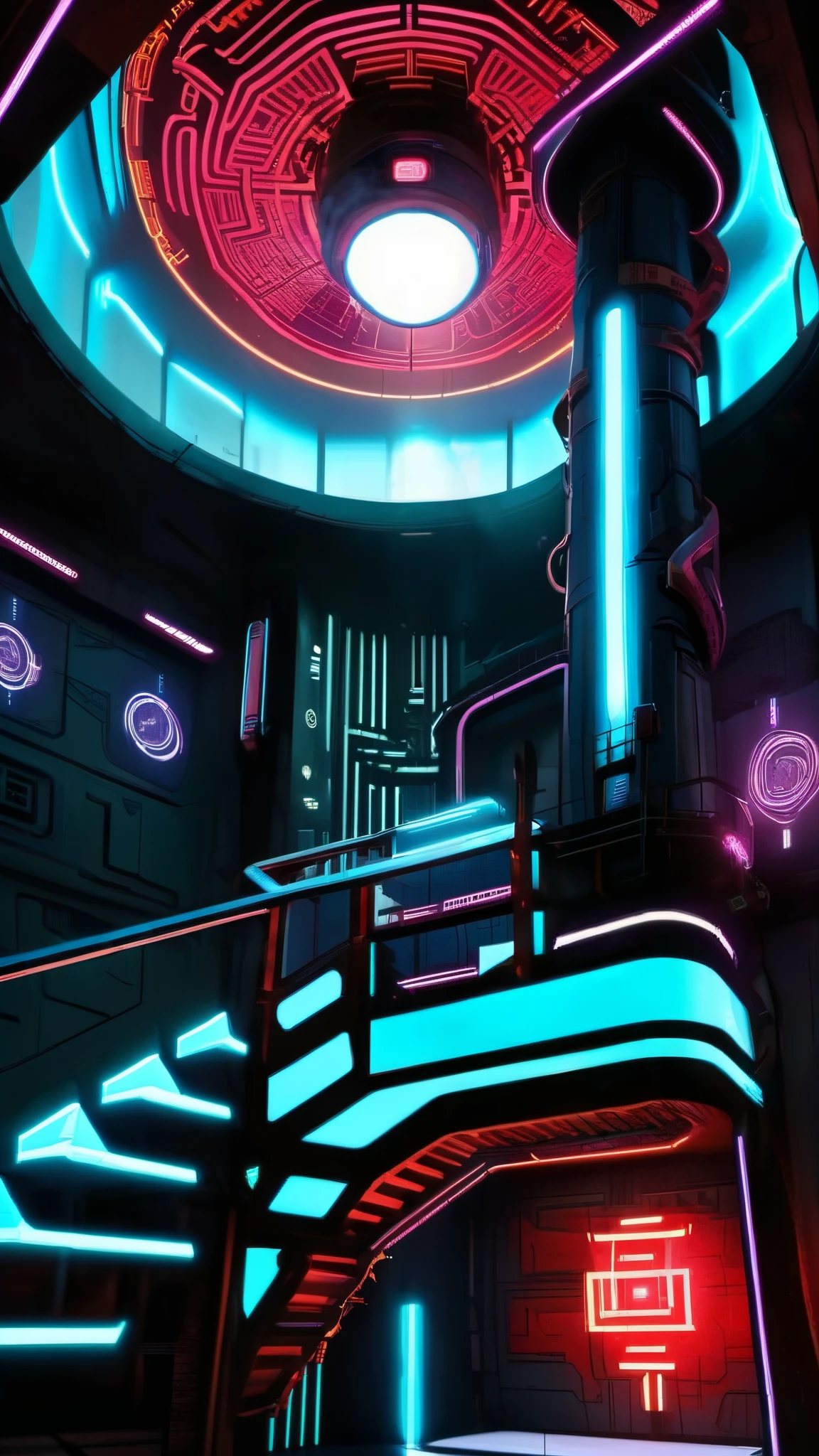 (Cyberpunk interior design ), Quantum Beacon, A lighthouse that guides travelers through a maze of other dimensions. , Cyberpunk atmosphere