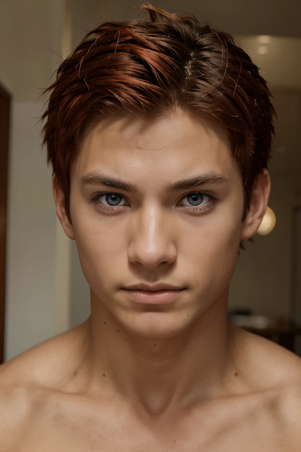 A boy anime character with red spikey hair and blue eyes with tan skin 