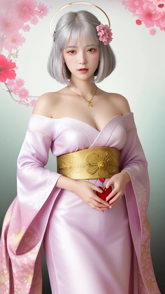 style: 3D realistic animation style, high detail, Soft sheen, Brightly colored characters: Silver short bob girl, Big Red Eyes, The expression is gentle and calm.: Traditional kimono, White and light purple combination, Floral embroidered accessories: red flower decoration in hair, Surrounding aura effect background: Bright flowers々A circular frame surrounded by, Red and pink flowers, White halo effect items: A girl holds a red heart-shaped jewel in her hand, Others that shine with light: A soft fantasy feel, Warm atmosphere, Background with gold design