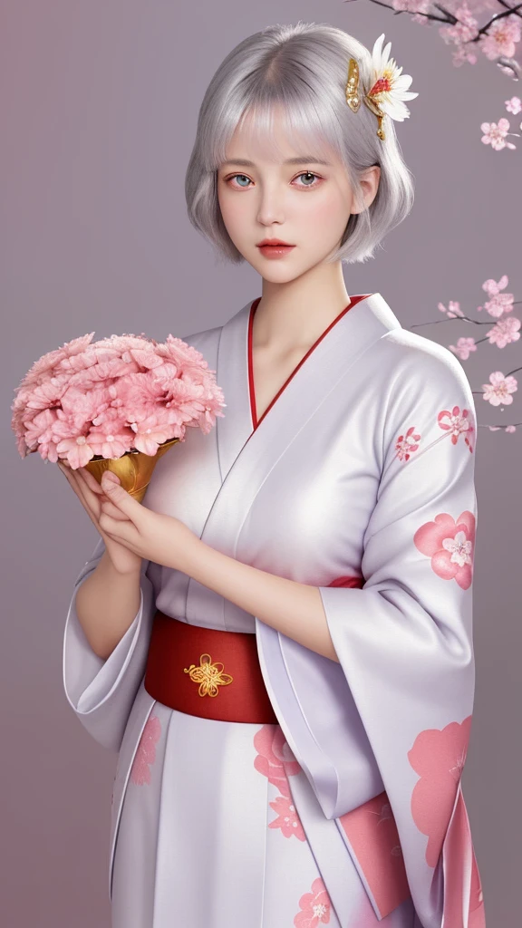 style: 3D realistic animation style, high detail, Soft sheen, Brightly colored characters: Silver short bob girl, Big Red Eyes, The expression is gentle and calm.: Traditional kimono, White and light purple combination, Floral embroidered accessories: red flower decoration in hair, Surrounding aura effect background: Bright flowers々A circular frame surrounded by, Red and pink flowers, White halo effect items: A girl holds a red heart-shaped jewel in her hand, Others that shine with light: A soft fantasy feel, Warm atmosphere, Background with gold design